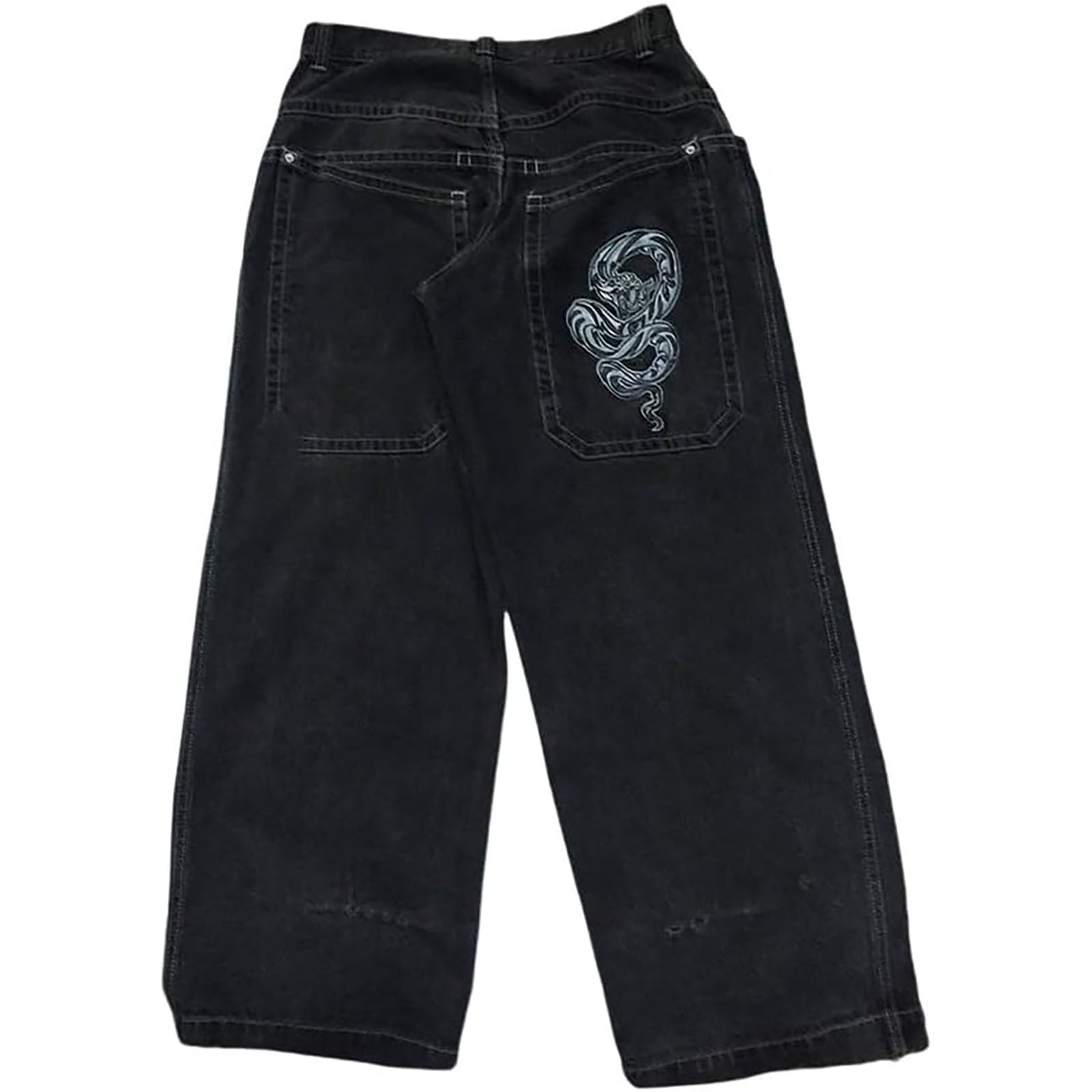 Men's Jeans Washed Y2K Denim Pants Graphic Embroidered Long Wide Leg High Waist Loose Fit Streetwear Trousers for Man,Z1 Black,2XL