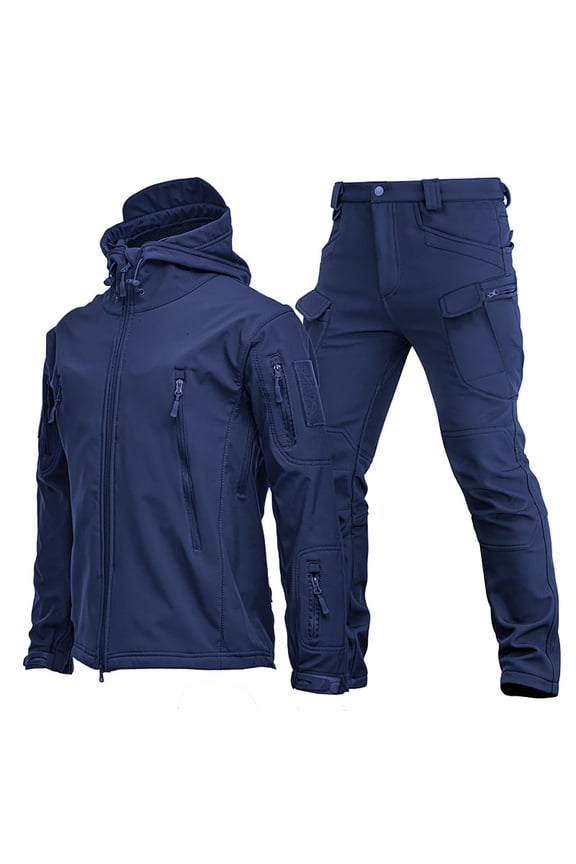 Mens 2PCS Waterproof Rain Outfit Set Solid Hooded Long Sleeve Military Jacket Cargo Pants Set Outdoor Windproof Athletic Sets Blue,XXL