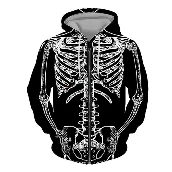 PUYAHG Mens Casual Jackets 2025 Halloween Skeleton 3D Digital Print Long Sleeve Hooded Male and Female Ladies Tops Black1 S