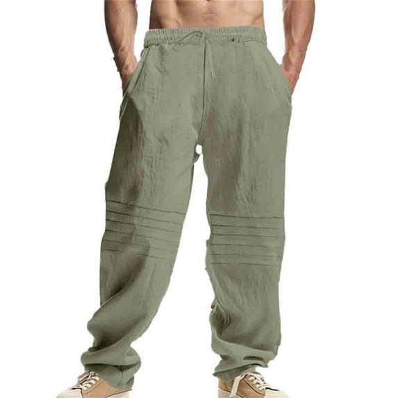 PUYAHG Mens Casual Pants Linen Loose Fit Long Wide Leg Elastic Waisted Pleated Breathable Straight Leg Relaxed Fit Trousers Army Green,L
