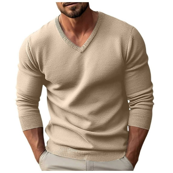 PUYAHG Mens Coats and Jackets Fall and Winter Knitwear V Neck Slim Fit Long Sleeve Sweater Tops Male Blouses Beige,size S