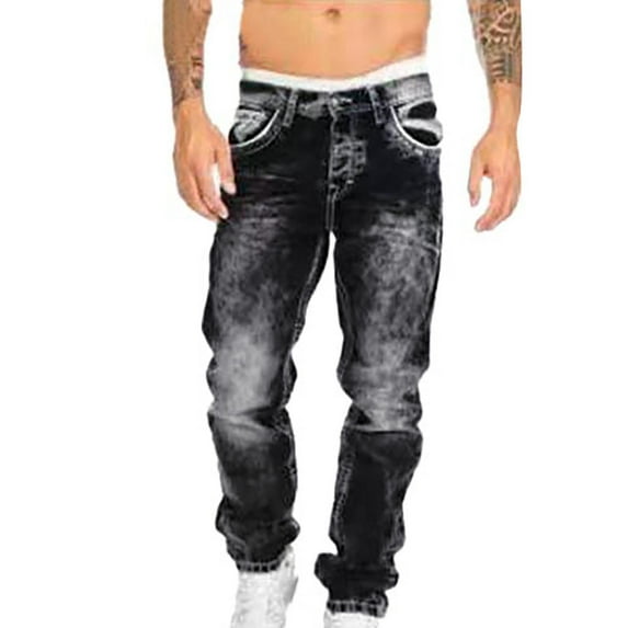 PUYAHG Mens Jeans Mens Denim Long Pants Straight Leg High Leg Sports Full Length Streetwear Relaxed Fit Trousers Black,L