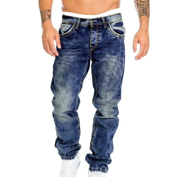 PUYAHG Mens Jeans Mens Denim Long Pants Straight Leg High Leg Sports Full Length Streetwear Relaxed Fit Trousers Blue,S