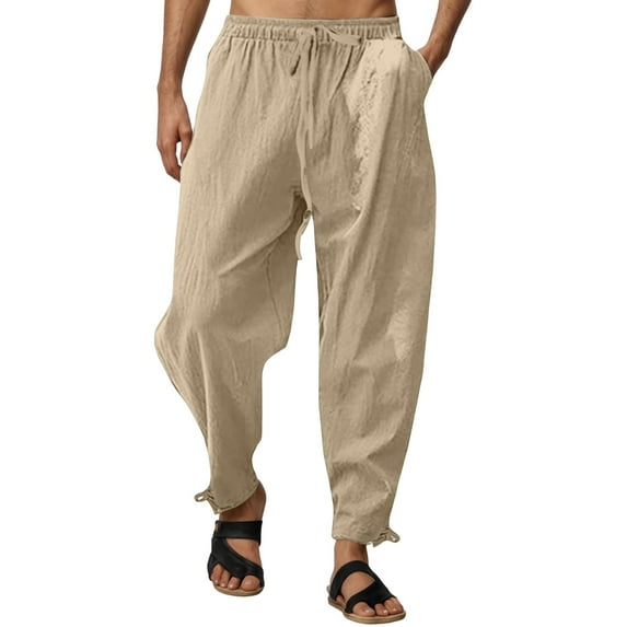 Tiweut Pants for Mens Lightweight Long Straight Leg Loose Fit Drawstring Elastic Waist Everyday Loose Fit Man Trousers Khaki,L