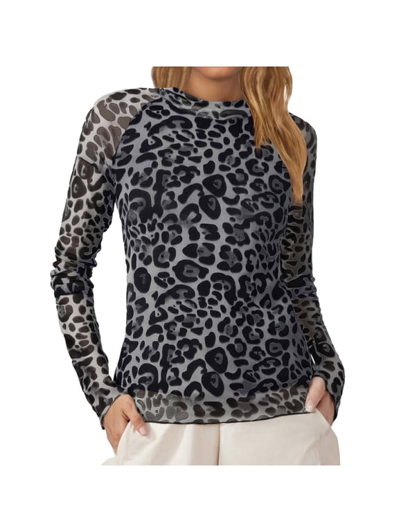 Tops for Women Floral Leopard print Mesh Long TurtleNeck Sleeve with Thumb Holes Slim Clothing Fit Tees Camouflage,L