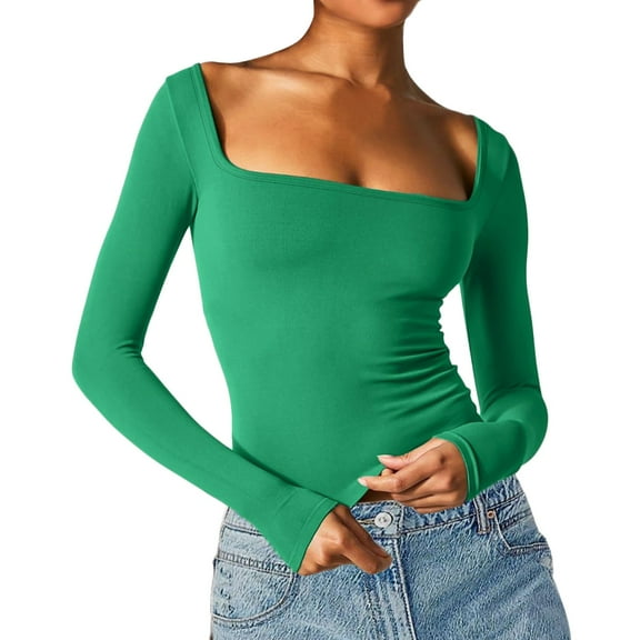 PUYAHG Women Fashion Tight Tshirts Low Square Neck Long Sleeve Slim Fit Tops Green,XL