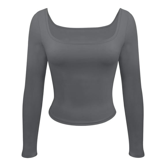 PUYAHG Women Fashion Tight Tshirts Low Square Neck Long Sleeve Slim Fit Tops Grey,XL