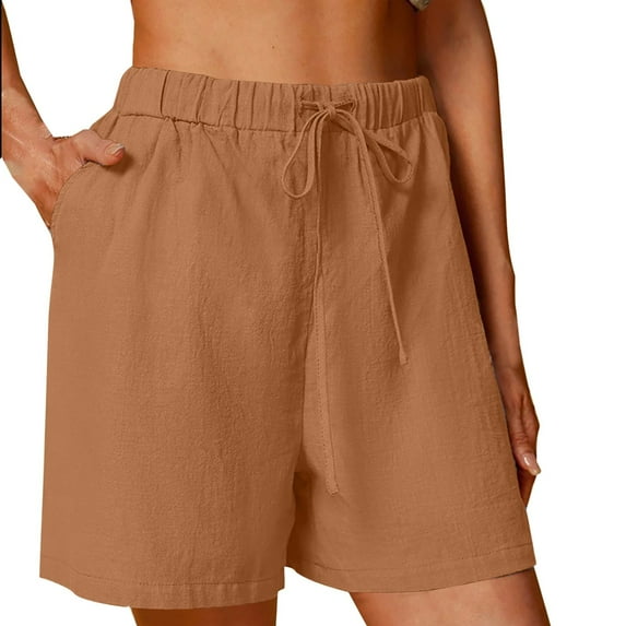 PUYAHG Women's 7" Linen Cotton Shorts Workout Gym Solid Color Comfortable Elastic Wide Leg Casual Shorts Drawstring High Waisted with Pocket Coffee,XXL