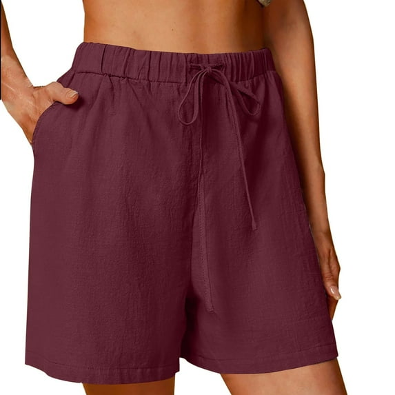 PUYAHG Women's 7" Linen Cotton Shorts Workout Gym Solid Color Comfortable Elastic Wide Leg Casual Shorts Drawstring High Waisted with Pocket Red,M