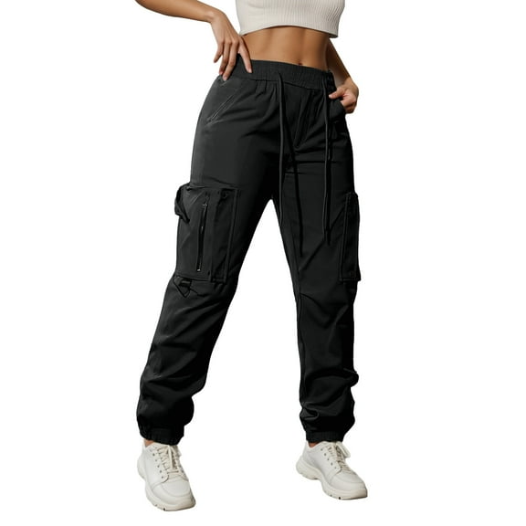 Tiweut Women's Cargo Pants Loose Fit Joggers Workout Long Straight Leg High Waist Elastic Cuff Comfortable Streetwear Daily Wear Regular Trousers Black,XS