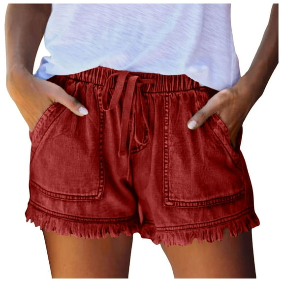PUYAHG Women's Jeans Shorts Fashion Bottom Pocket High Waist Lace Hem Loose Fit Drawstring Short Pants,Z1 Red,XXL