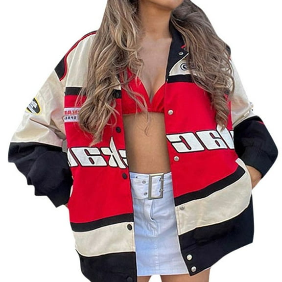 PUYAHG Womens Casual Jackets Color Patchwork Printed Long Sleeve Windbreaker Motorcycle Coat Stylish Loose Fit Outerwear Outdoor Clothes Red,L