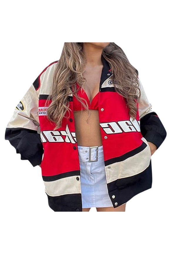 Womens Casual Jackets Color Patchwork Printed Long Sleeve Windbreaker Motorcycle Coat Stylish Loose Fit Outerwear Outdoor Clothes Red,XL