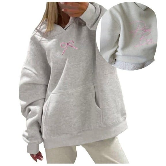 PUYAHG Womens Leisure Hoodies Top Fashion Sweatshirt Long Sleeve Drawstring Bow Print Oversized Fall Clothes Blouses for Ladies Pink,L