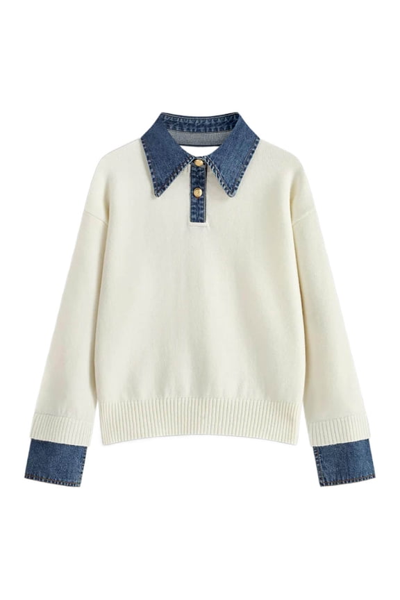 Womens Sweaters Pullover Sweater Loose Fit Knit Lapel Long Sleeve POLO Denim Elegant Soft Regular Tops White,One Size