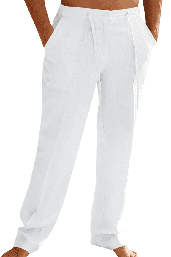 Mens Cotton Linen Pants Summer Beach Pants Casual Loose Fit with Elastic Waist Drawstring with Deep Pockets White