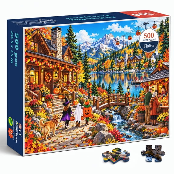 PUZZOSCARS Autumn Mountain Lake Village 500 Pieces Jigsaw Puzzle for Adults, 20.5 x 15 in