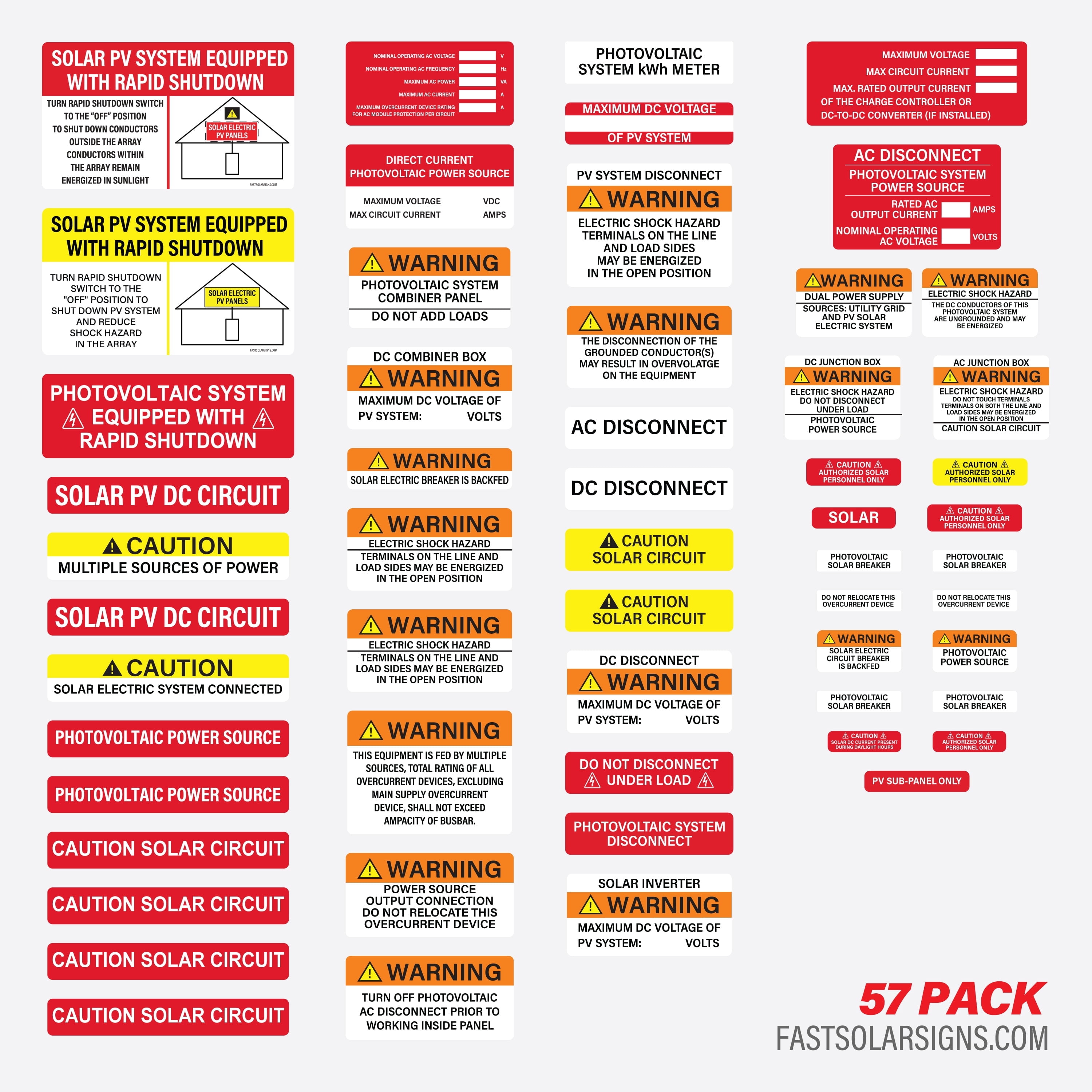 PV Solar System Install Label Kit | Multi Pack | 2020 | 2017 Code Requirements | Photovoltaic Safety Labels | Electrical Panel Labels |Photovoltaic System | (57 Pack)