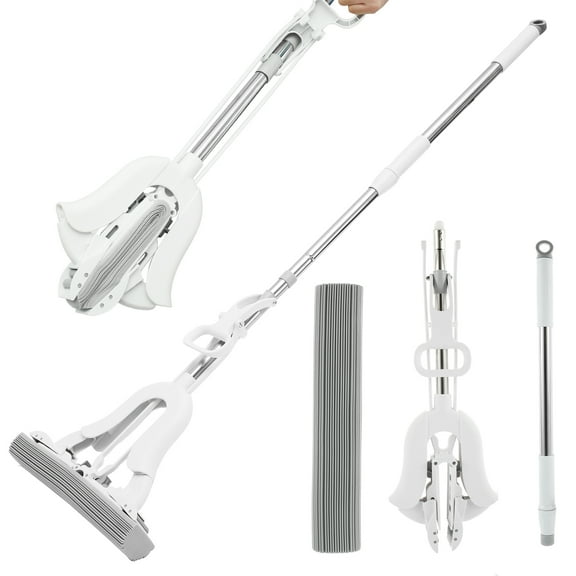 PVA Sponge Mop with Adjustable Handle Super Absorbent Sponge Roller Mop Wet and Dry Use Sponge Floor Mop Self Wringing Sponge Mop Removable Reusable Squeeze Roller Mop for Home Floor 12.9in Head