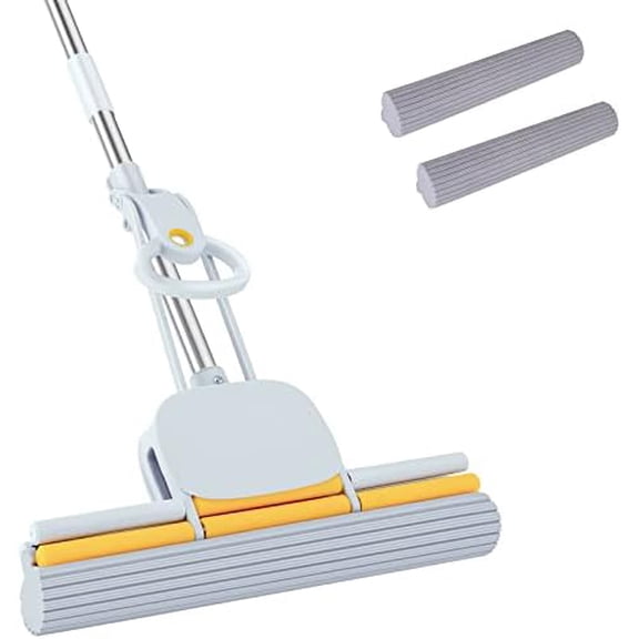 PVA Sponge Mops 60" Long Handle 15" Head with 2 Pads Sponge Mops for Floor Cleaning Squeeze with Wringer