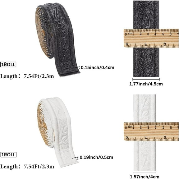 PVC 2 Rolls 90.6 Inch 3D Wall Border Decorative Wallpaper Trim Black White PVC Foam Self Adhesive Flexible Floral Peel Stick Molding Edging Baseboard Lines Sticker for Hotel Home DIY Decoration