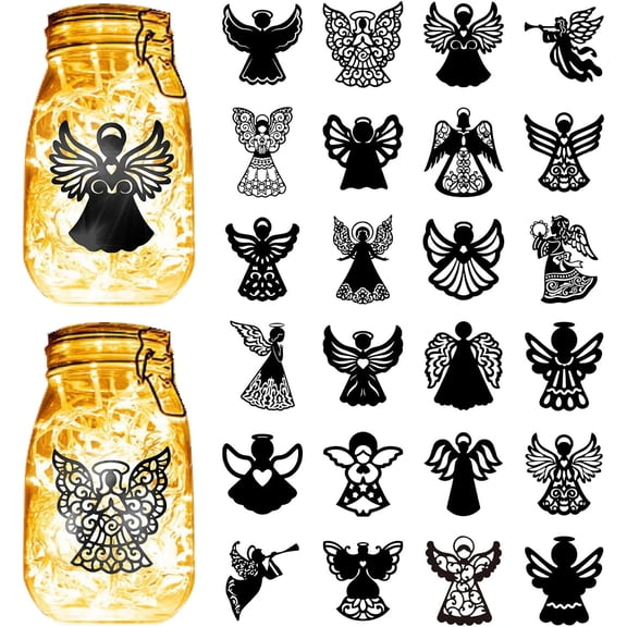 PVC 24pcs Fairy Angel Silhouettes Mason Jar Decor Mushroom Laser Cut Cardboard Scrapbook Cutouts Die Cuts PVC for Crafting Lantern Jars Wall Painting Window Glass Phones 3.9x3.5Inch-No Sticker