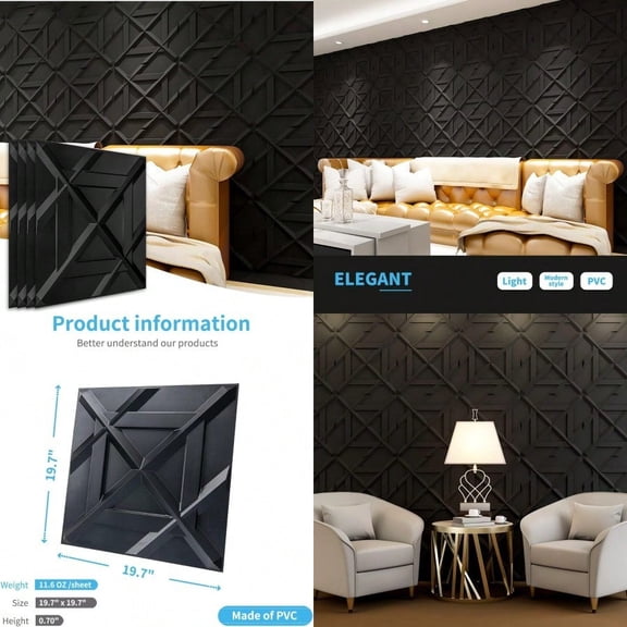 PVC 3D Wall Panel Decorative Wall Tile in Black 12-Pack 19.7x19.7