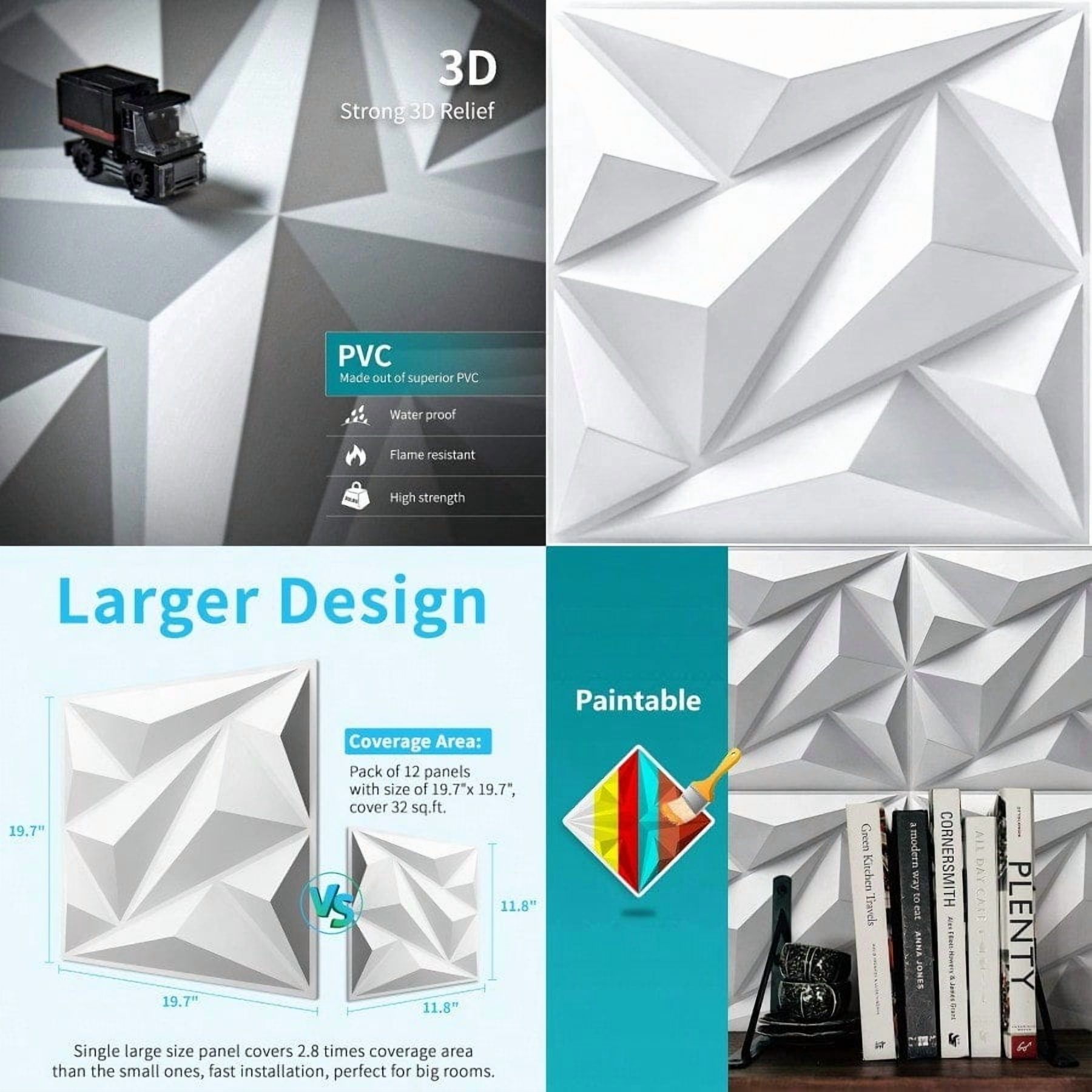 PVC 3D Wall Panel Diamond for Interior Wall Decor in White 19.7 x 19.7 ...