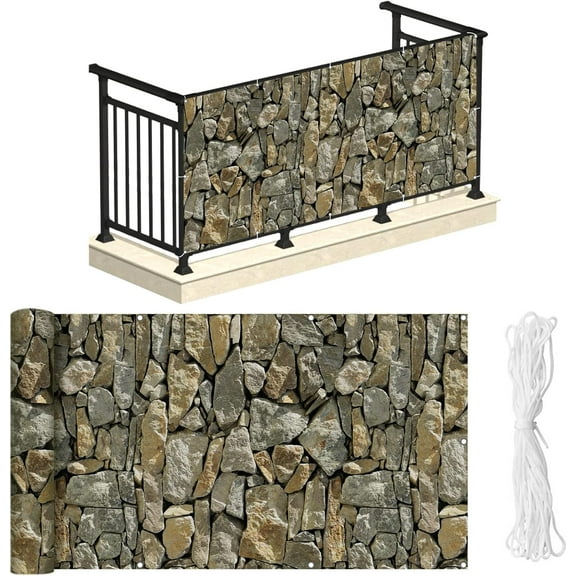 PVC Balcony Privacy Screen Decorative Balcony Cover 450 GSM with Nylon Rope- 34'' x 180''(Stone)