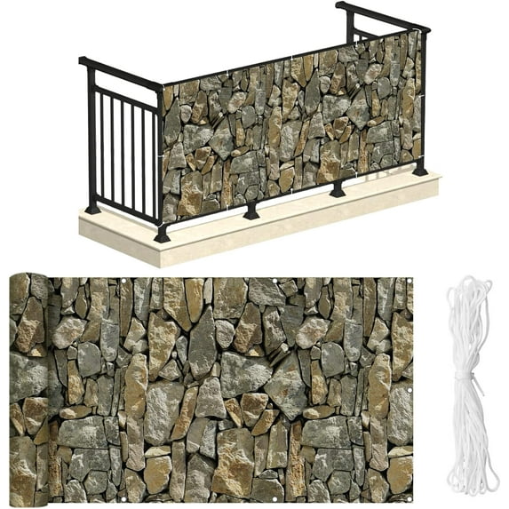 PVC Balcony Privacy Screen Decorative Balcony Cover with Nylon Rope- 34'' x 180''(Stone)