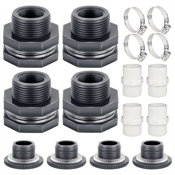 PVC Bulkhead Fitting 3/4 Inch with Plugs,Garden Hose Adapter with Clamp Kit,Water Tank Connector,Thru-Bulk Pipe Fitting