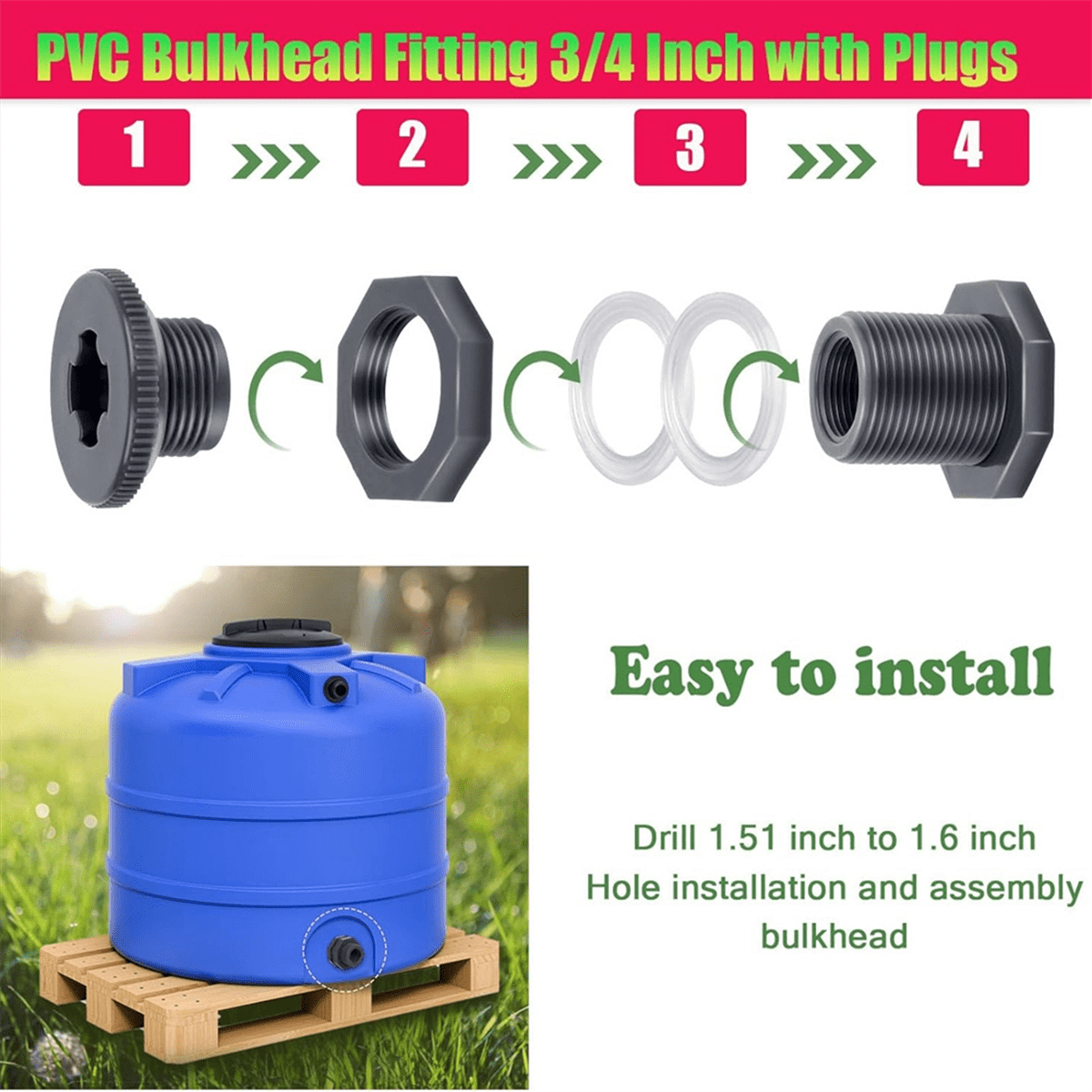 PVC Bulkhead Fitting 3/4 Inch with Plugs,Garden Hose Adapter with Clamp