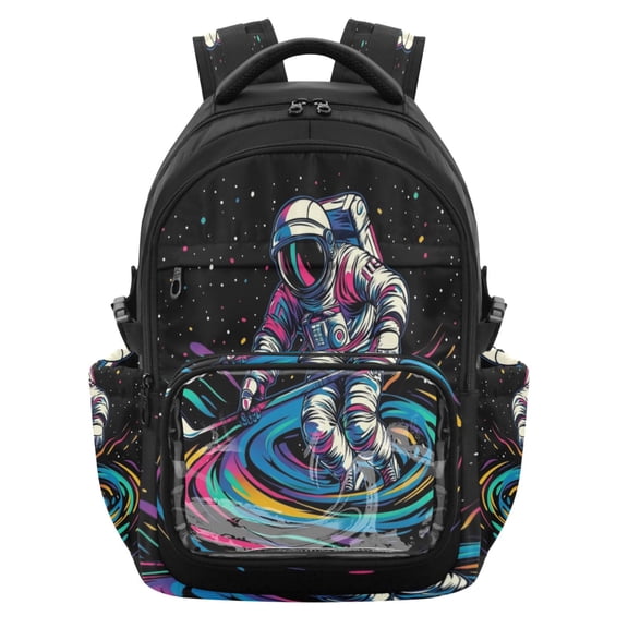 PVC Casual Backpack 25L Daypack with Laptop Compartment Lightweight Travel Backpack for Work Outdoor Activities Astronaut Playing Hockey in Space