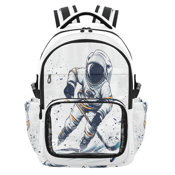 PVC Casual Backpack 25L Daypack with Laptop Compartment Lightweight Travel Backpack for Work Outdoor Activities Astronaut Playing Hockey