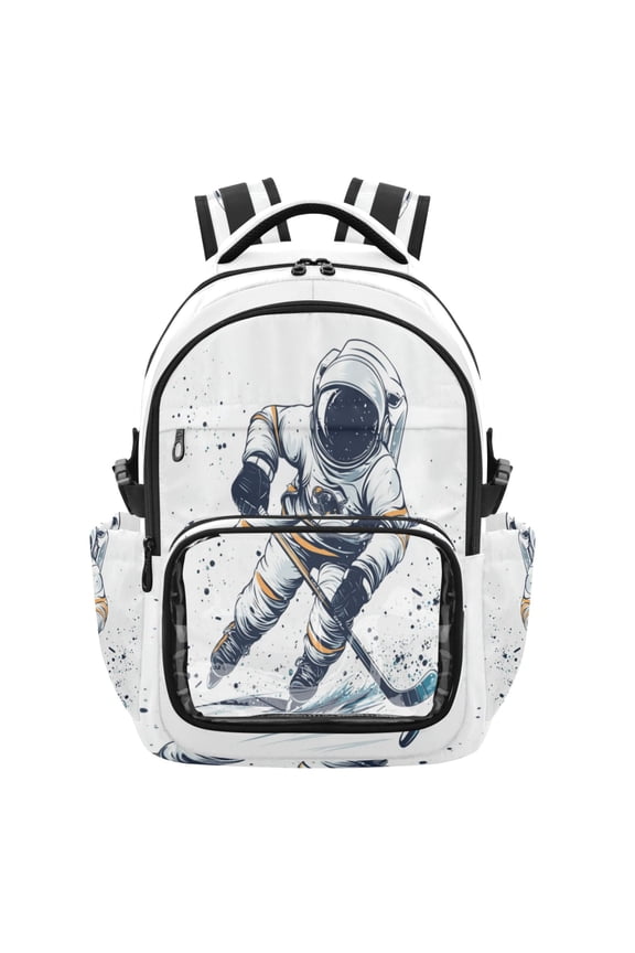 PVC Casual Backpack 25L Daypack with Laptop Compartment Lightweight Travel Backpack for Work Outdoor Activities Astronaut Playing Hockey