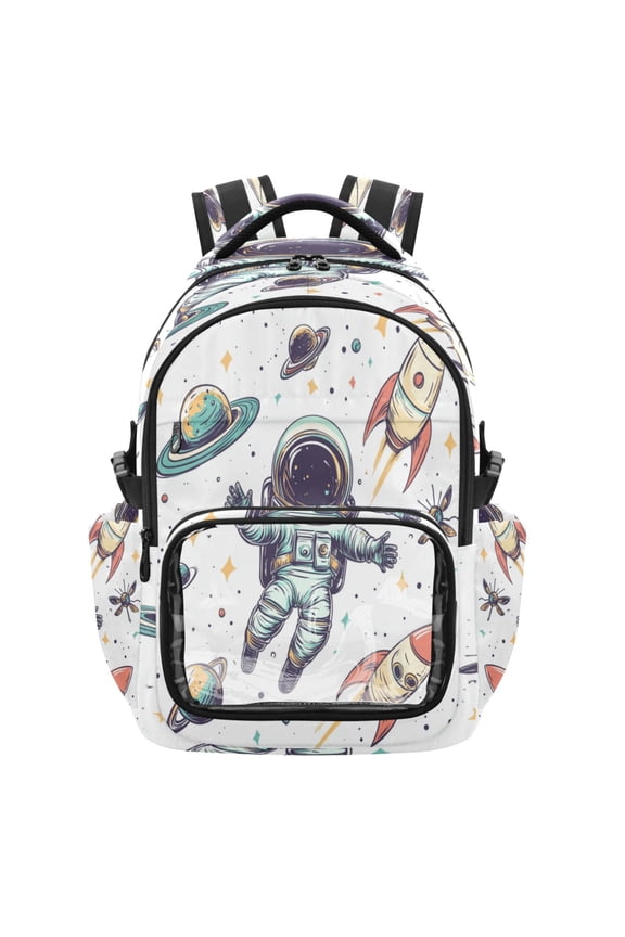 PVC Casual Backpack 25L Daypack with Laptop Compartment Lightweight Travel Backpack for Work Outdoor Activities Astronauts Floating Around The Rocket