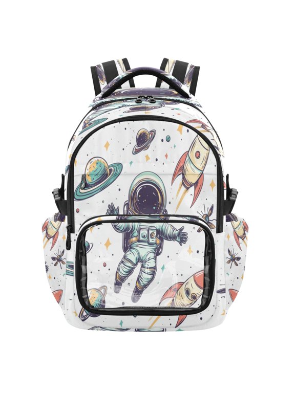 PVC Casual Backpack 25L Daypack with Laptop Compartment Lightweight Travel Backpack for Work Outdoor Activities Astronauts Floating Around The Rocket