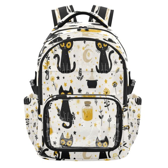 PVC Casual Backpack 25L Daypack with Laptop Compartment Lightweight Travel Backpack for Work Outdoor Activities Black Cat Seamless Pattern