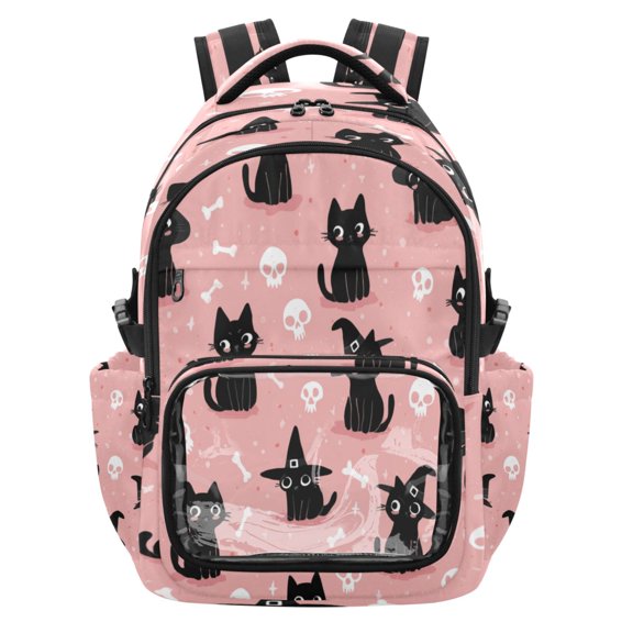 PVC Casual Backpack 25L Daypack with Laptop Compartment Lightweight Travel Backpack for Work Outdoor Activities Black Cat Wearing A Witch Hat