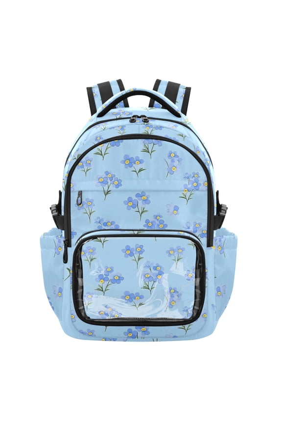 PVC Casual Backpack 25L Daypack with Laptop Compartment Lightweight Travel Backpack for Work Outdoor Activities Blue Flowers Pattern