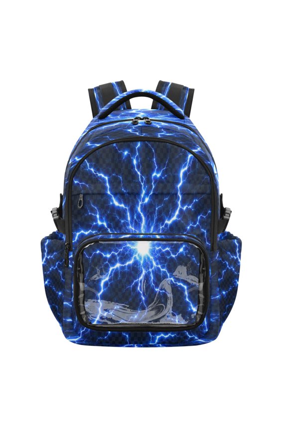 PVC Casual Backpack 25L Daypack with Laptop Compartment Lightweight Travel Backpack for Work Outdoor Activities Blue Lightning Bolt Pattern