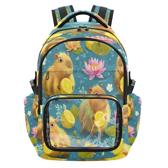 PVC Casual Backpack 25L Daypack with Laptop Compartment Lightweight Travel Backpack for Work Outdoor Activities Capybaras Holding Lemons
