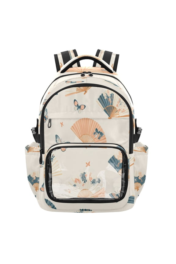 PVC Casual Backpack 25L Daypack with Laptop Compartment Lightweight Travel Backpack for Work Outdoor Activities Chinese Fans Pattern
