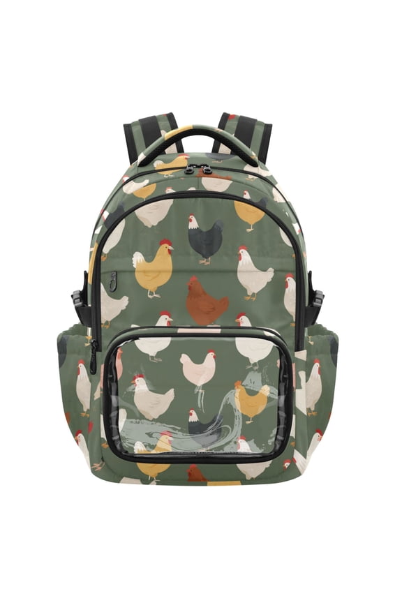 PVC Casual Backpack 25L Daypack with Laptop Compartment Lightweight Travel Backpack for Work Outdoor Activities Cute Colorful Chickens Pattern