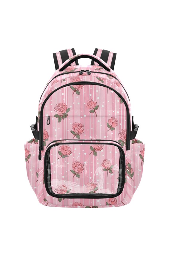 PVC Casual Backpack 25L Daypack with Laptop Compartment Lightweight Travel Backpack for Work Outdoor Activities Cute Rose Pattern