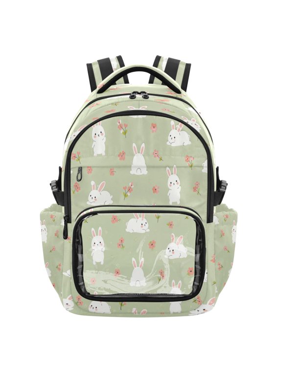 PVC Casual Backpack 25L Daypack with Laptop Compartment Lightweight Travel Backpack for Work Outdoor Activities Cute White Rabbit Pattern