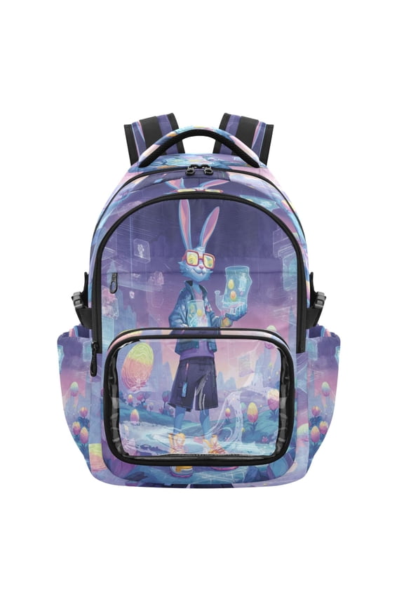 PVC Casual Backpack 25L Daypack with Laptop Compartment Lightweight Travel Backpack for Work Outdoor Activities Cyberpunk-style Easter Bunny