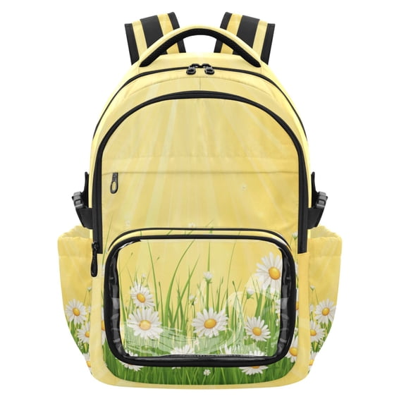PVC Casual Backpack 25L Daypack with Laptop Compartment Lightweight Travel Backpack for Work Outdoor Activities Daisies and Sun Rays