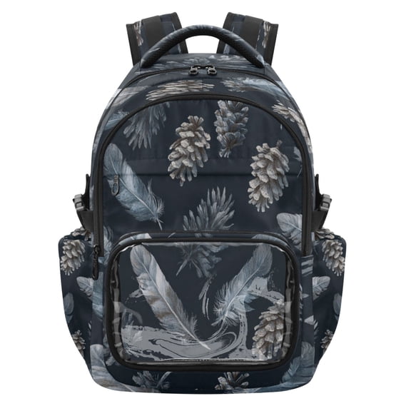 PVC Casual Backpack 25L Daypack with Laptop Compartment Lightweight Travel Backpack for Work Outdoor Activities Deep Gray Feathers and Pinecones