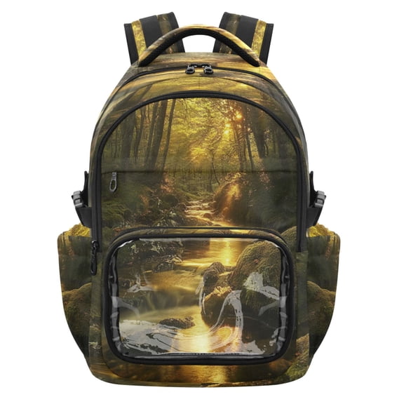 PVC Casual Backpack 25L Daypack with Laptop Compartment Lightweight Travel Backpack for Work Outdoor Activities Forest Stream with Moss-covered